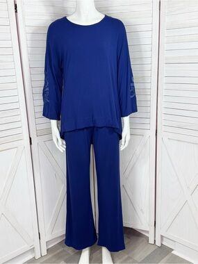 Soft & Cozy Loungewear Embroidered Sleeve Wide Leg Pants Set Blue Small